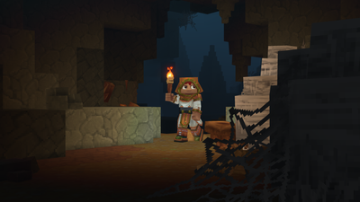 Player looking for ores in caves with a torch
